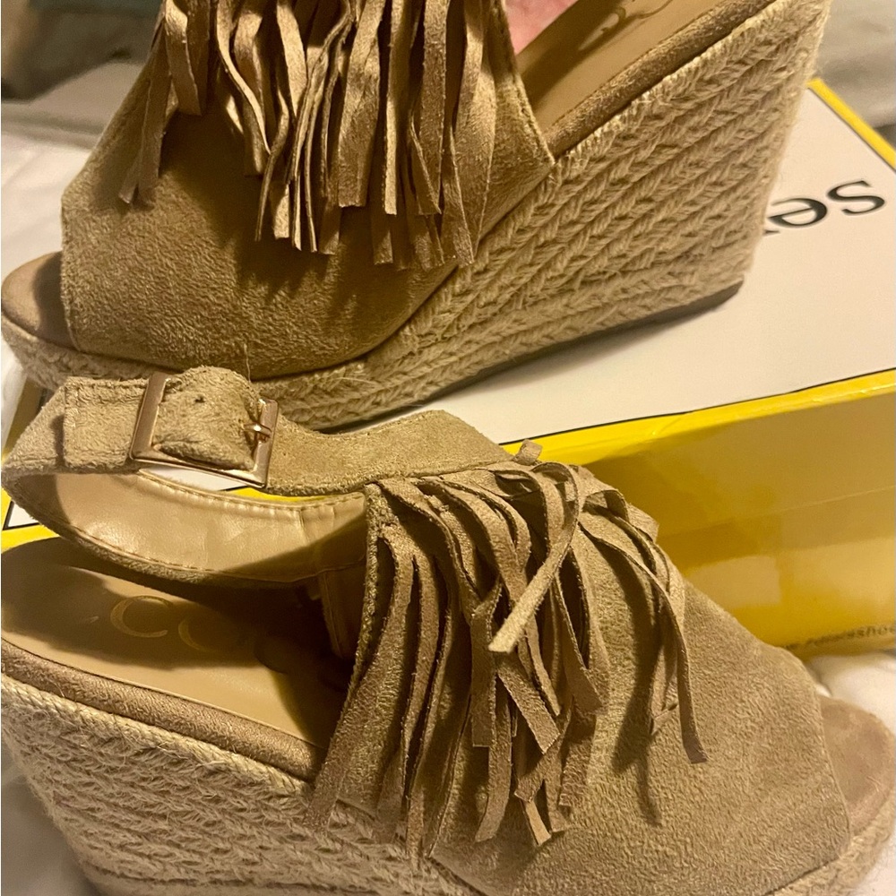 CCOCCI Tan Fringe Wedge Sandals